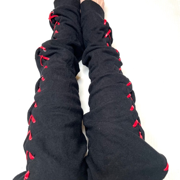 Red Corset Thigh Highs Black Lace Up Leg Warmers Over the Knee Socks Leggings OS - Picture 4 of 13